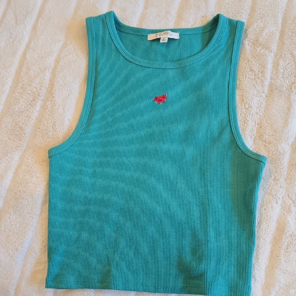Teal Ribbed Tank Top with Watermelon Embroidery